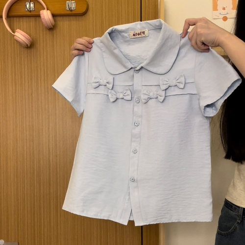 立体蝴蝶结polo领蓝色衬衫短袖女