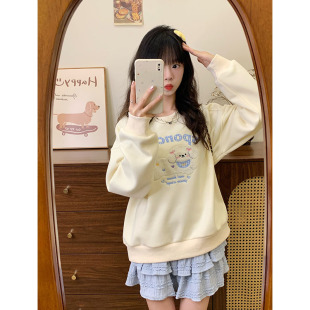上衣 植绒格纹狗狗加绒加厚圆领卫衣女甜妹杏色插肩袖 奶油 宇宙