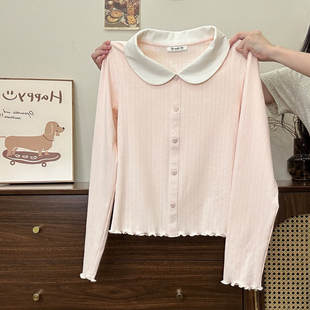 T恤女甜美温柔修身 撞色娃娃领内搭长袖 木耳边粉色上衣 宇宙 奶油