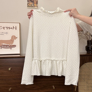 女ins保暖针织上衣 满印波点荷叶花边加绒加厚内搭长袖 奶油 宇宙