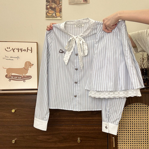 波点绑带蓝色条纹polo长袖衬衫女