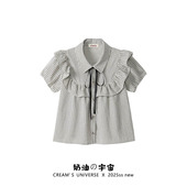 女学院风显瘦泡泡袖 奶油 短袖 蝴蝶结格纹polo领娃娃衫 上衣 宇宙