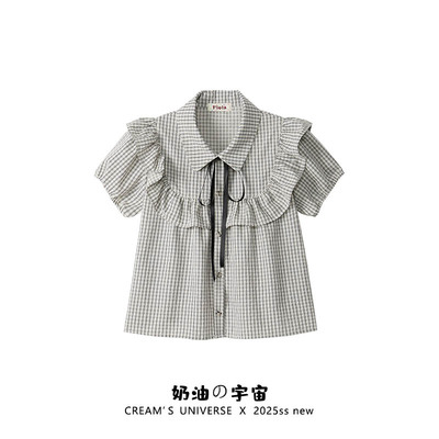蝴蝶结格纹polo领娃娃衫短袖上衣