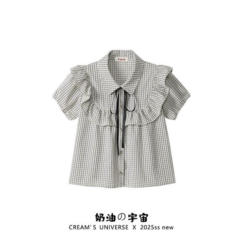 蝴蝶结格纹polo领娃娃衫短袖上衣