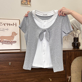 奶油 短上衣 女韩系甜美修身 宇宙 兔耳朵撞色假两件正肩针织短袖