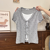 奶油 正肩小上衣 女甜美修身 宇宙 绑带蝴蝶结捏褶假两件针织短袖