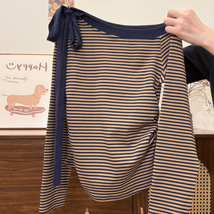 奶油的宇宙 绑带蝴蝶结撞色条纹斜肩长袖T恤女复古甜辣收腰短上衣