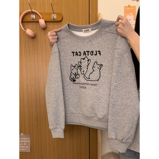 卫衣女日系减龄圆领上衣2025新款 刺绣猫咪字母插肩袖 宇宙 奶油