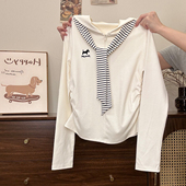 奶油 内搭 上衣女日系学院风修身 宇宙 条纹绑带海军领半拉链长袖