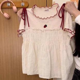 T恤女日系甜妹娃娃衫 刺绣草莓绑带拼接假两件短袖 上衣 宇宙 奶油