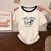 宇宙 刺绣小狗拼色正肩不露腰短袖 T恤女学院风短款 奶油 上衣新款