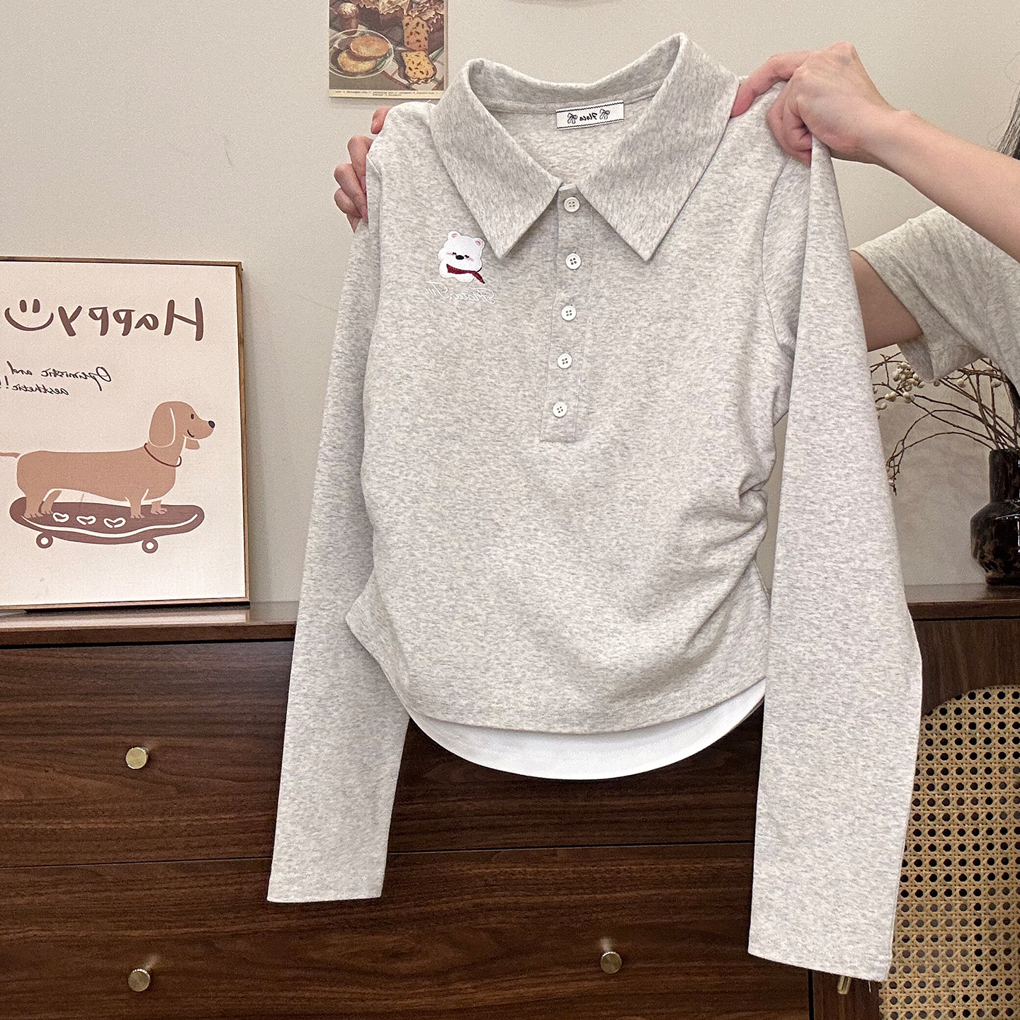 刺绣卡通假两件polo内搭长袖T恤