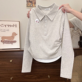 刺绣卡通假两件polo长袖 奶油 宇宙 T恤女学院风收腰正肩内搭上衣