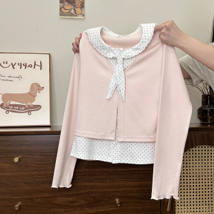 T恤女早秋甜美修身 波点领结娃娃领假两件长袖 内搭上衣 宇宙 奶油
