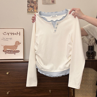 奶油的宇宙 撞色木耳边拼接假两件长袖T恤女甜美温柔收腰内搭上衣