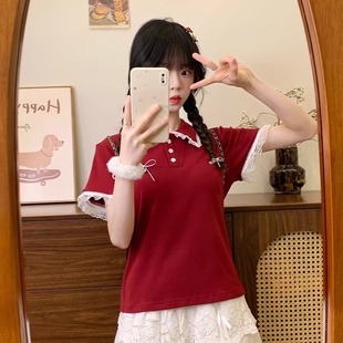 短上衣 奶油 宇宙 蝴蝶结蕾丝拼接polo领酒红色短袖 T恤女复古修身