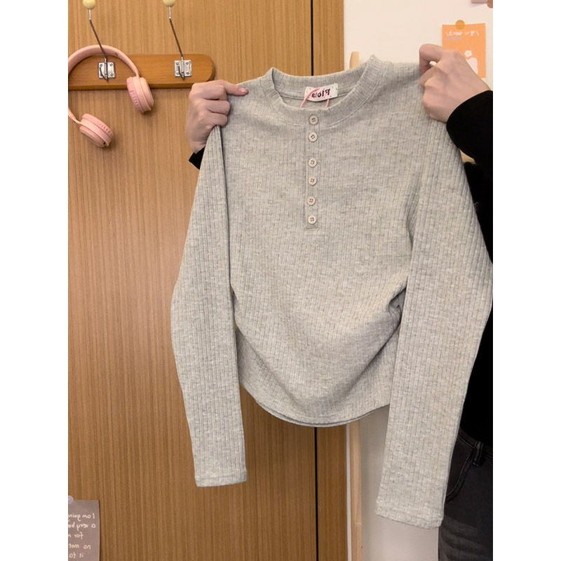显瘦纽扣设计针织衫长袖T恤女