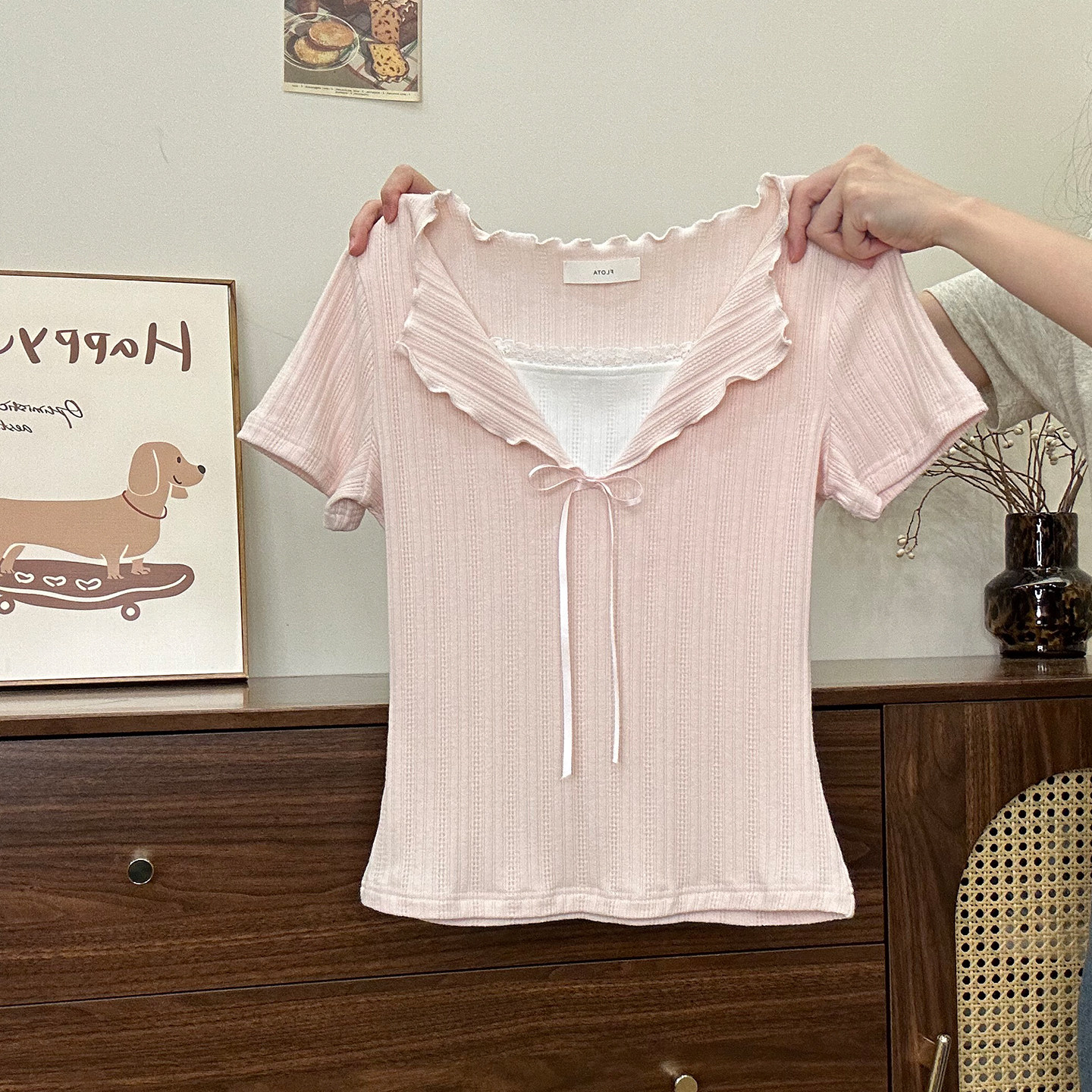 奶油的宇宙 绑带木耳边翻领假两件针织短袖女甜美少女修身短上衣