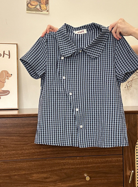 奶油的宇宙 斜门襟纽扣蓝色格纹polo衬衫短袖女学院风正肩短上衣