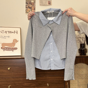 女学院风修身 奶油 长袖 撞色假两件polo条纹衬衫 早秋短上衣 宇宙