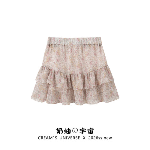 甜美风双层花边碎花蛋糕短裙女