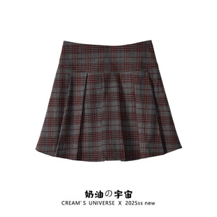 奶油的宇宙 立体蝴蝶结格纹毛呢百褶短裙女学院风小个子a字半身裙