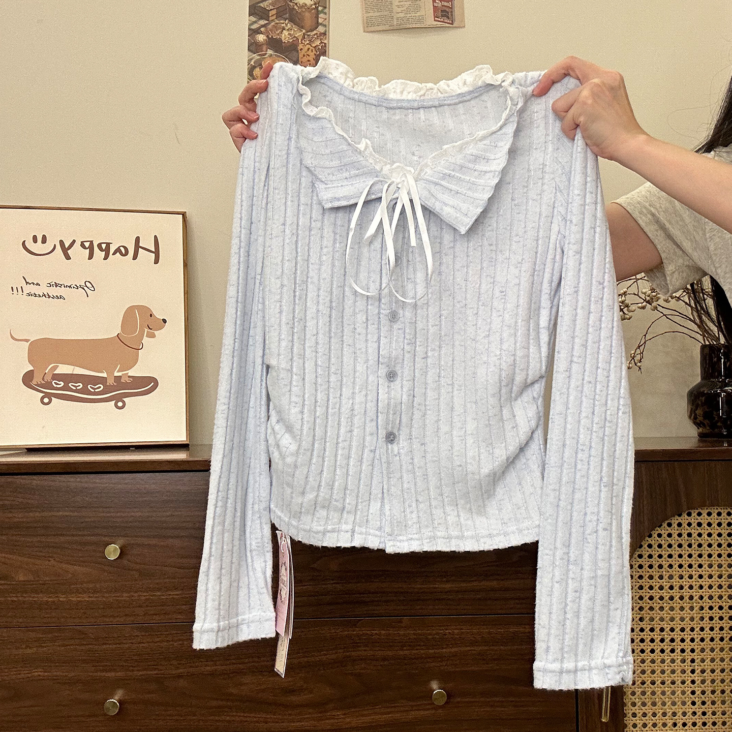 奶油的宇宙 蕾丝假两件绑带翻领针织长袖女温柔减龄风内搭短上衣