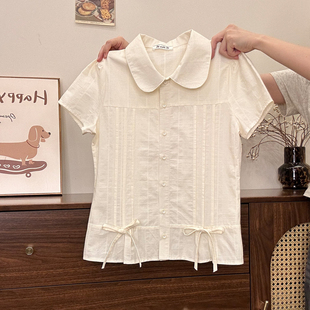 宇宙 短款 绑带蝴蝶结娃娃领衬衫 女甜美学院风修身 上衣 短袖 奶油