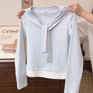 打底衫 奶油 T恤女甜美学院风修身 海军领拼接假两件内搭长袖 宇宙