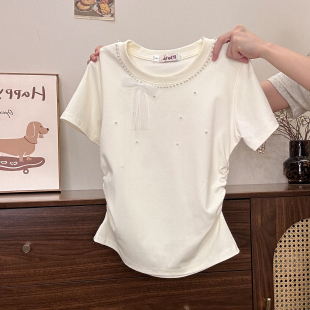 T恤女温柔气质收腰短上衣新款 钉珠蕾丝蝴蝶结正肩短袖 宇宙 奶油