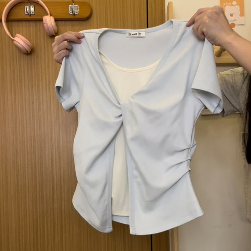 撞色拼接假两件正肩短袖女设计感