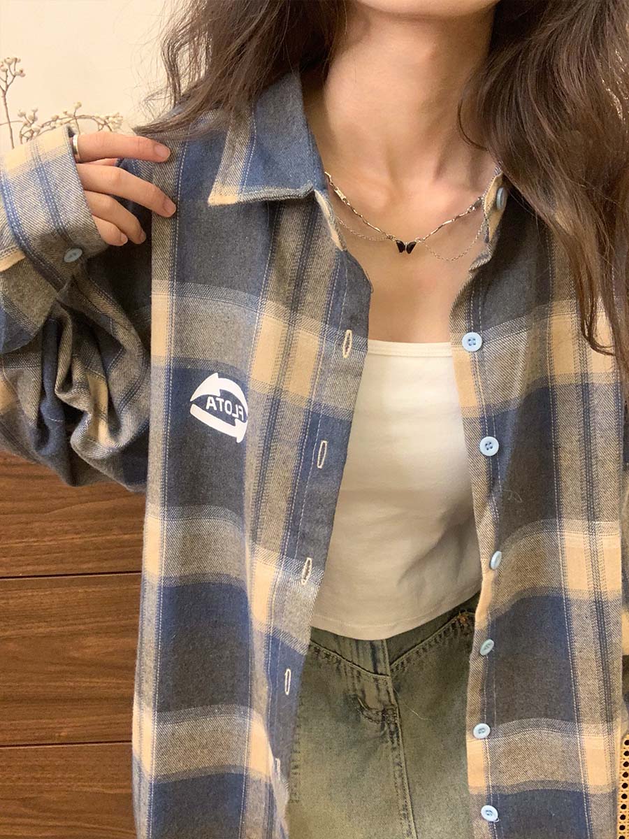 复古慵懒风字母撞色格子衬衫外套