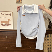 刺绣牛角包假两件polo内搭长袖 奶油 宇宙 T恤女小个子收腰短上衣