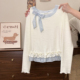 奶油 假两件上衣 T恤女甜美修身 宇宙 立体蝴蝶结荷叶花边内搭长袖