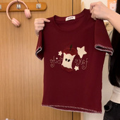 宇宙 植绒苹果明线正肩短袖 T恤女甜酷风修身 奶油 不露腰短款 上衣