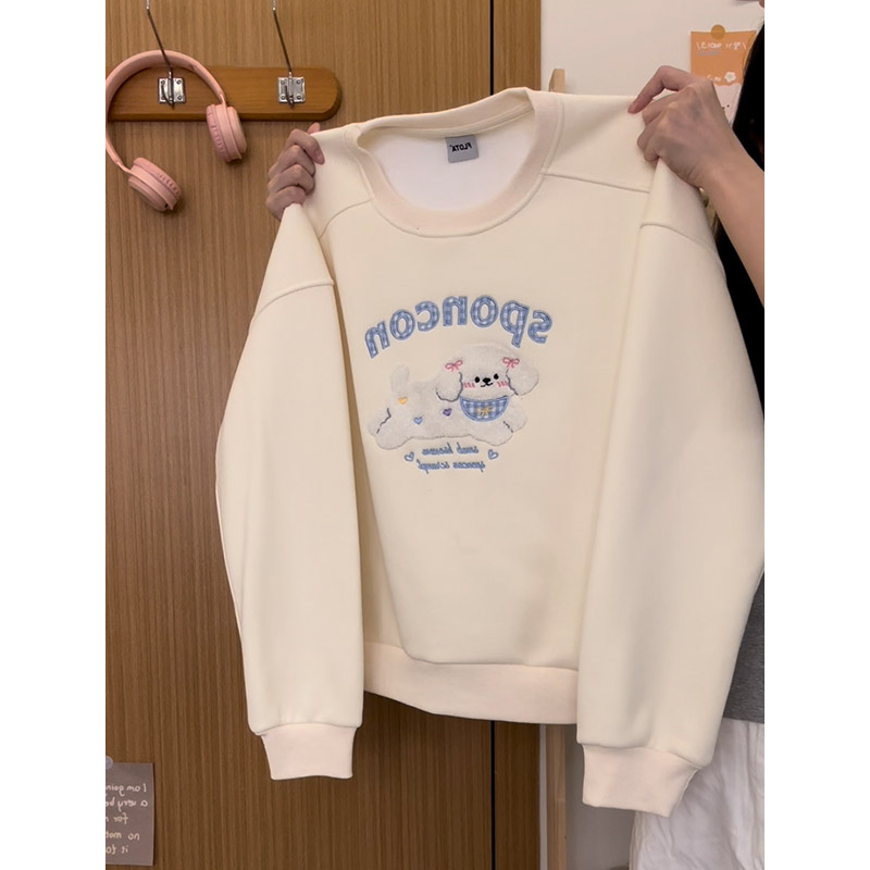 植绒格纹狗狗字母加绒圆领卫衣女