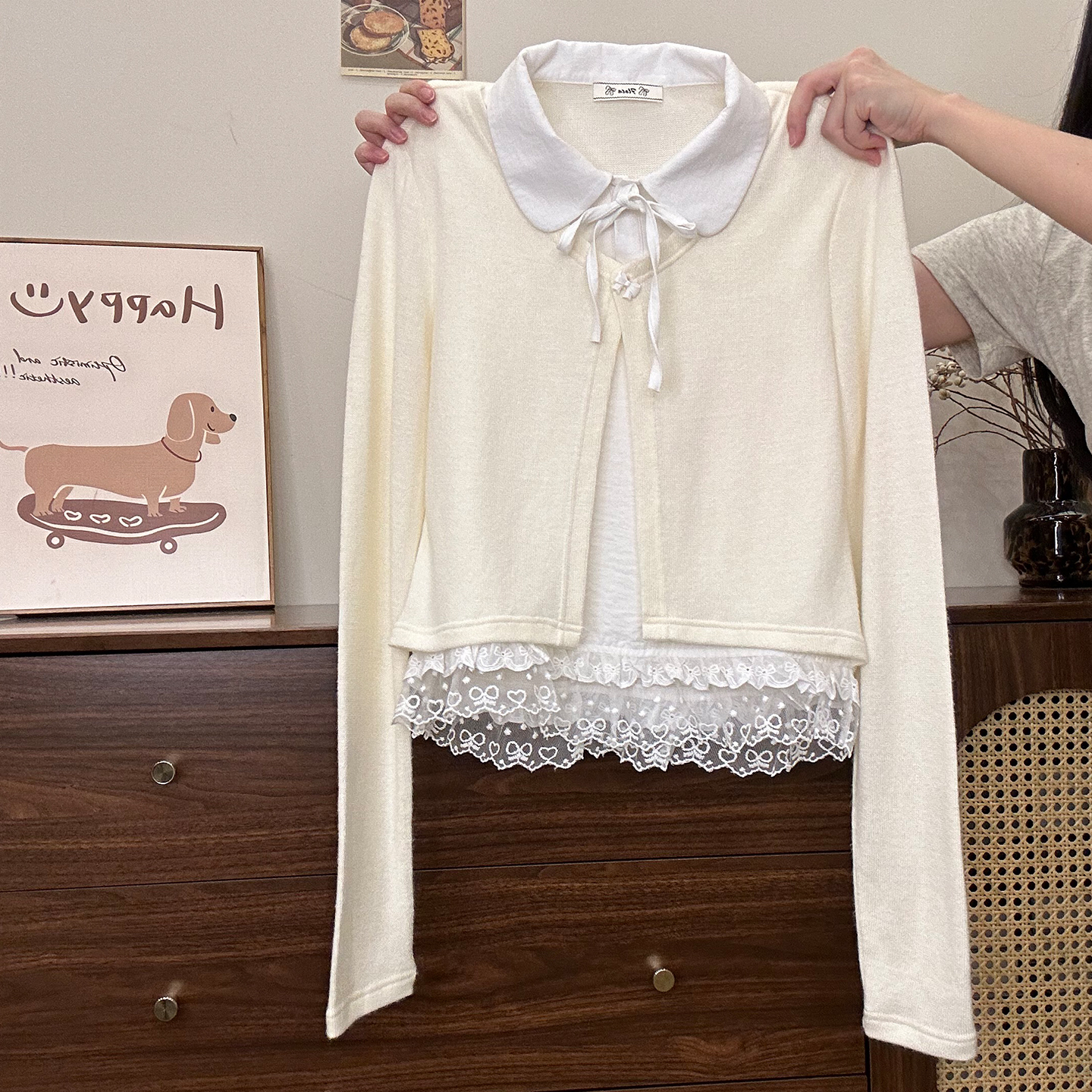 绑带蕾丝假两件Polo针织长袖女