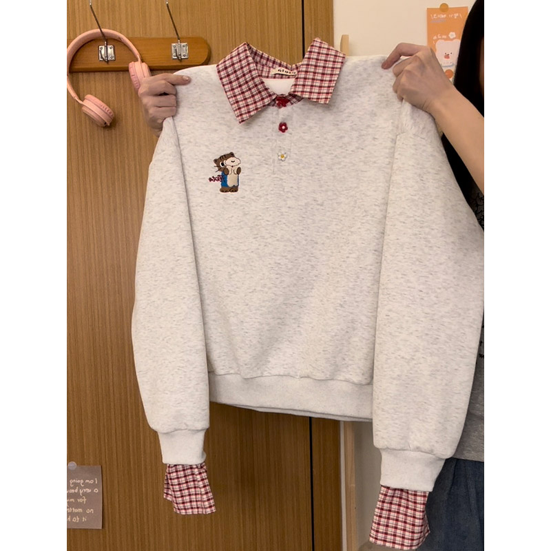 刺绣猫咪格子假两件polo领卫衣女