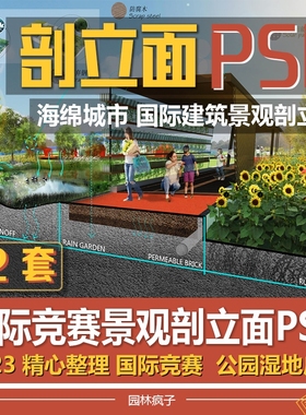 PS050景观剖面断面图立面人物植物树纹理道路国际竞赛风格剖面PSD