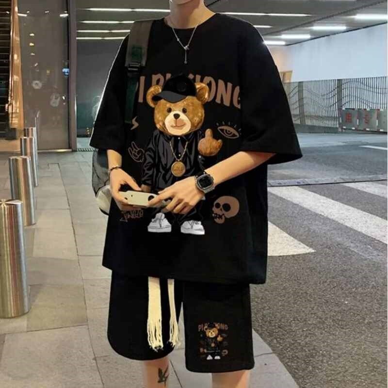 潮牌夏季休闲短袖t恤男两件套潮流痞帅卡通时尚宽松青年短裤套装