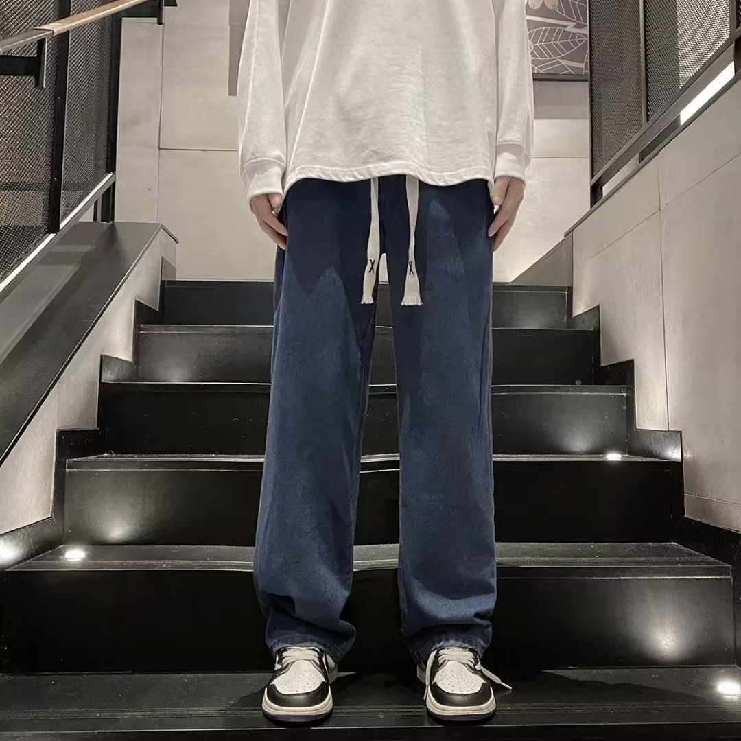 黑色牛仔裤男士秋冬新款港风复古宽松阔腿裤ins高街潮牌直筒长裤