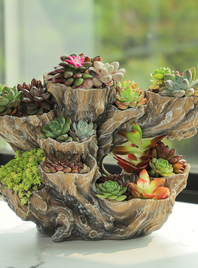 仿木树桩大口径创意多肉造型花盆肉肉专用盆家用多口花盆特价清仓