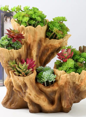 大口径创意大号多肉盆特价清仓仿木头异型多口多层树根花盆非陶瓷
