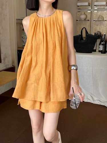 纯色棉麻套装短裤上衣2024夏季