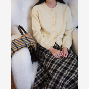 然若 100%美利奴羊毛 法式复古针织毛衣女款新款冬季加厚开衫外套