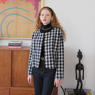 然若 棋盘格秋季外套女2025新款重要场合小香风外套韩里韩气穿搭