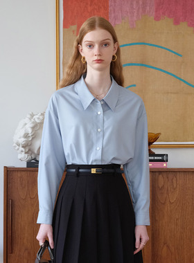 然若 抗皱面料 蓝色衬衫女款2025新款春秋面试上班体制内长袖衬衣