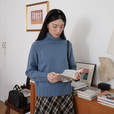 然若 美利奴羊毛 蓝色半高领毛衣女款2025新款冬季内搭羊毛针织衫