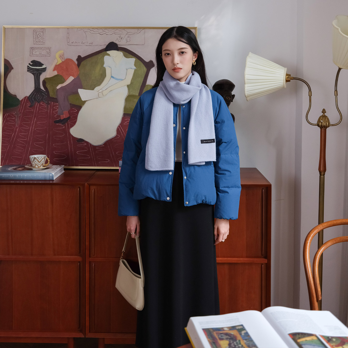 然若 防风轻防水 宝蓝色短款羽绒服女冬季2025新款小个子羽绒外套