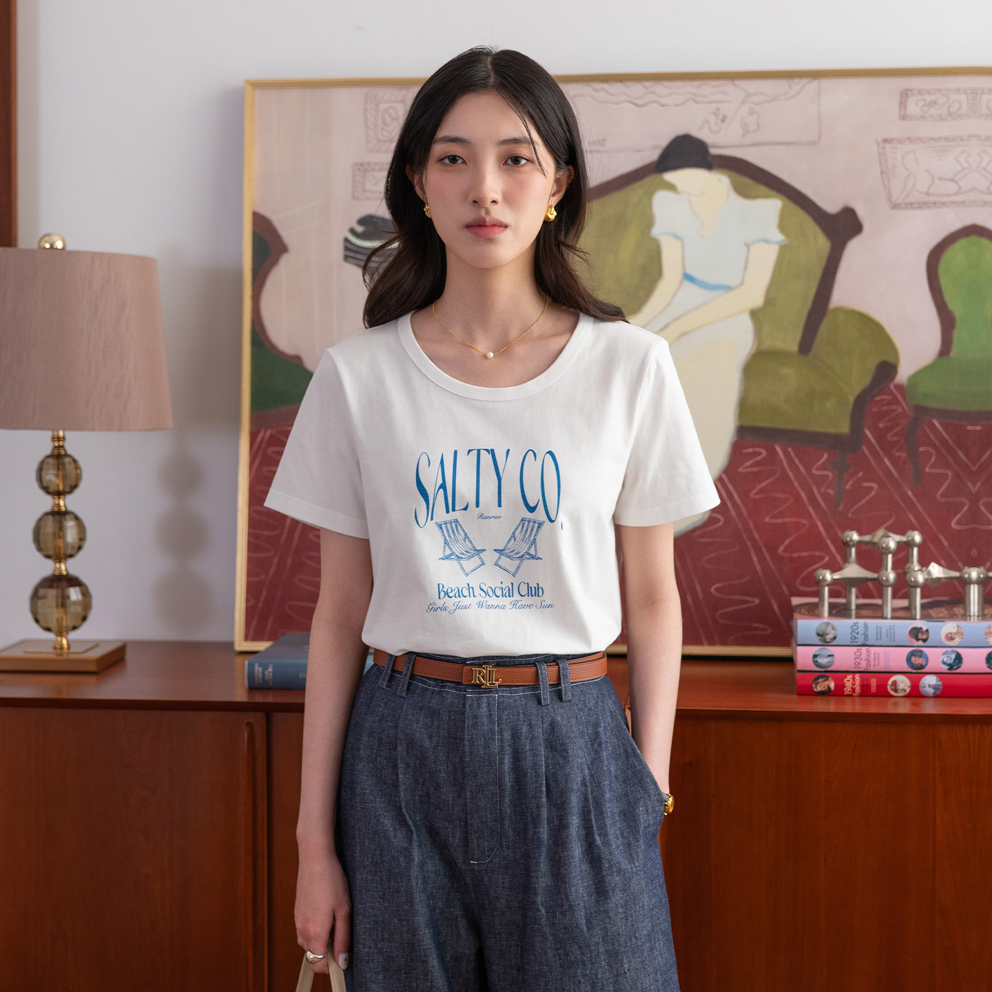 然若 法式白色印花T恤女2025新款正肩短袖上衣超好看独特漂亮上衣
